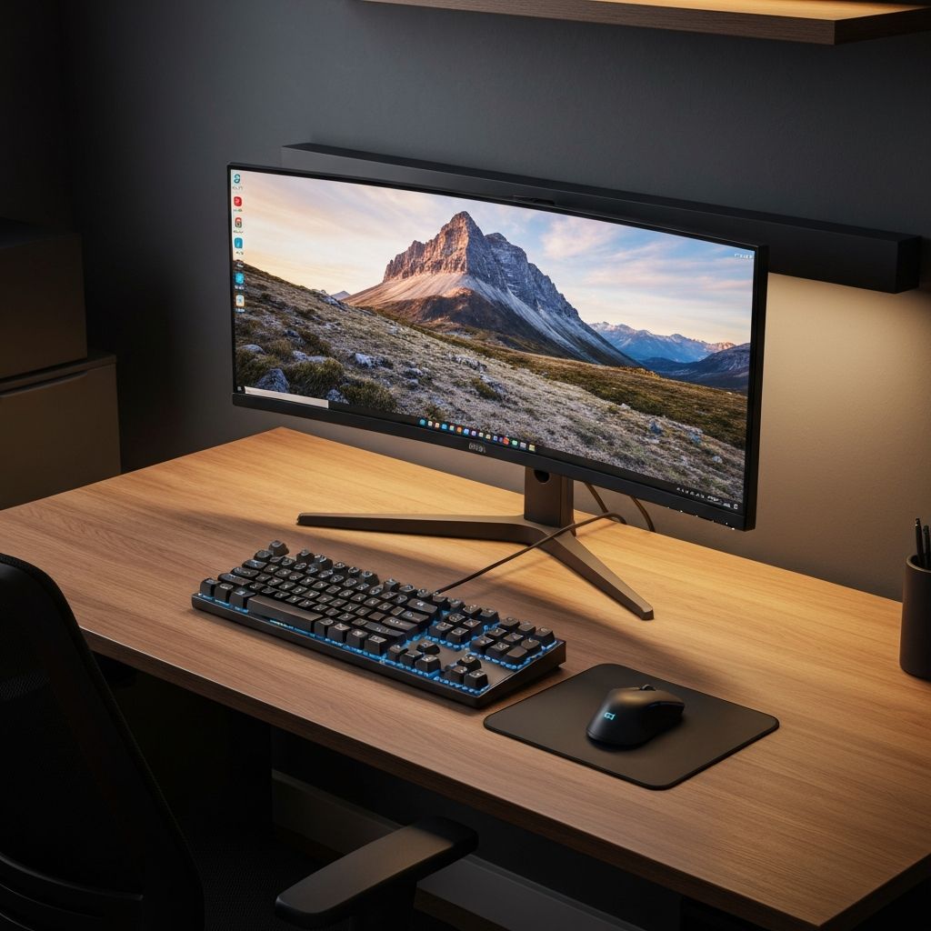 Setup minimalista com monitor ultrawide